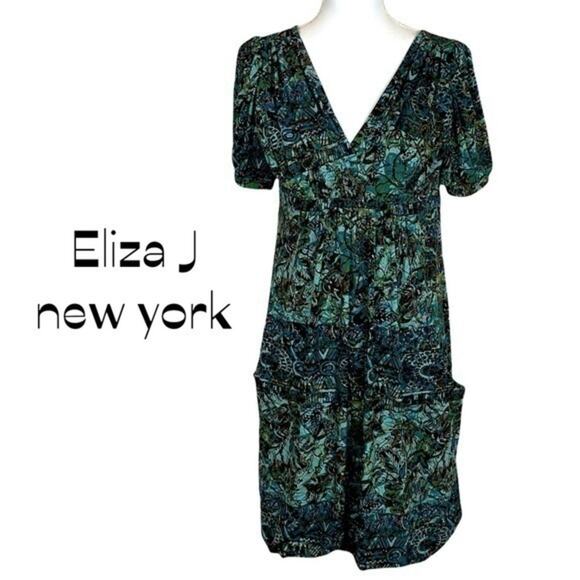 Eliza‎ J New York  Teal Empire Waist Batik Style Print Boho Dress NWOT Size 8 - Picture 2 of 12